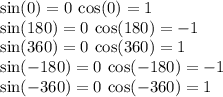 \sin(0)  = 0 \:  \cos(0)  = 1 \\  \sin(180) = 0  \:  \cos(180) =  - 1   \\ \sin(360)  = 0 \:  \cos(360)  = 1 \\  \sin( - 180)  = 0 \:  \cos( - 180)   =  - 1 \\ \sin( - 360)  = 0 \:   \cos( - 360)  = 1