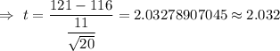 \Rightarrow\ t=\dfrac{121-116}{\dfrac{11}{\sqrt{20}}}=2.03278907045\approx2.032