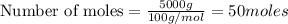 \text{Number of moles}=\frac{5000g}{100g/mol}=50moles