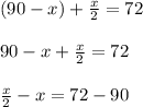 (90 - x) +  \frac{x}{2}  = 72 \\  \\ 90  - x +  \frac{x}{2}  = 72 \\  \\  \frac{x}{2}  - x = 72 - 90