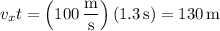 v_xt=\left(100\,\dfrac{\mathrm m}{\mathrm s}\right)(1.3\,\mathrm s)=130\,\mathrm m