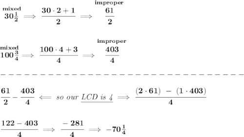 \bf \stackrel{mixed}{30\frac{1}{2}}\implies \cfrac{30\cdot 2+1}{2}\implies \stackrel{improper}{\cfrac{61}{2}}&#10;\\\\\\&#10;\stackrel{mixed}{100\frac{3}{4}}\implies \cfrac{100\cdot 4+3}{4}\implies \stackrel{improper}{\cfrac{403}{4}}\\\\&#10;-------------------------------\\\\&#10;\cfrac{61}{2}-\cfrac{403}{4}\impliedby \textit{so our \underline{LCD is 4}}\implies \cfrac{(2\cdot 61)~-~(1\cdot 403)}{4}&#10;\\\\\\&#10;\cfrac{122-403}{4}\implies \cfrac{-281}{4}\implies -70\frac{1}{4}