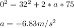 0^2 = 32^2+2*a*75\\ \\ a = -6.83 m/s^2