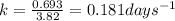 k=\frac{0.693}{3.82}=0.181days^{-1}