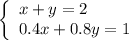 \left\{\begin{array}{l}x+y=2\\0.4x+0.8y=1\end{array}\right.
