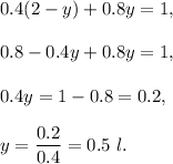 0.4(2-y)+0.8y=1,\\ \\0.8-0.4y+0.8y=1,\\ \\0.4y=1-0.8=0.2,\\ \\y=\dfrac{0.2}{0.4}=0.5\ l.