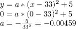 y=a*(x-33)^{2}+5\\ 0=a*(0-33)^{2}+5\\a=-\frac{5}{33^{2} } =-0.00459