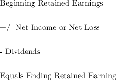 $$Beginning Retained Earnings$$$+/- Net Income or Net Loss$$$- Dividends$$$Equals Ending Retained Earning
