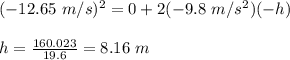 (-12.65\ m/s)^2=0+2(-9.8\ m/s^2)(-h)\\\\ h=\frac{160.023}{19.6 }=8.16\ m