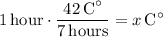 1 \,\textrm{hour} \cdot \dfrac{42 \,\textrm{C}^{\circ}}{7 \,\textrm{hours}} = x \,\textrm{C}^{\circ}