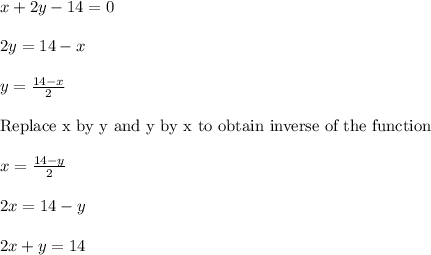 x+2 y-14=0\\\\2 y=14 -x\\\\y=\frac{14-x}{2}\\\\ \text{Replace x by y and y by x to obtain inverse of the function}\\\\x=\frac{14-y}{2}\\\\ 2 x=14-y\\\\2 x+y=14