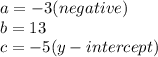 a=-3(negative)\\b=13\\c=-5(y-intercept)