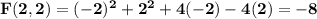 \mathbf{F(2,2) = (-2)^2 + 2^2 + 4(-2) - 4(2) =-8}
