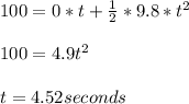 100 = 0*t+\frac{1}{2} *9.8*t^2\\ \\ 100 = 4.9t^2\\ \\ t = 4.52 seconds