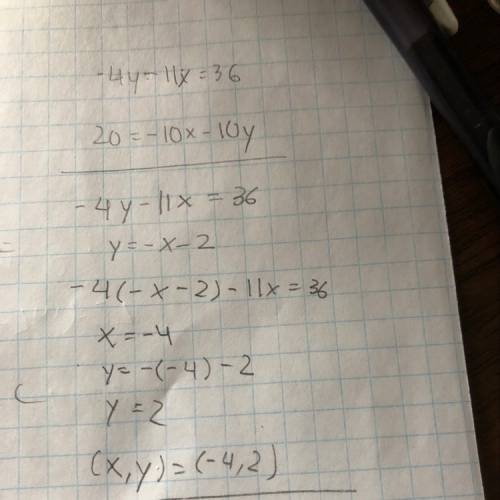 4y-11x=36 20= -10x-10y solve using elimination method
