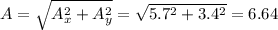 A=\sqrt{A_x^2+A_y^2} =\sqrt{5.7^2+3.4^2} =6.64