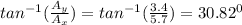 tan^{-1}(\frac{A_y}{A_x} )= tan^{-1}(\frac{3.4}{5.7})=30.82^0