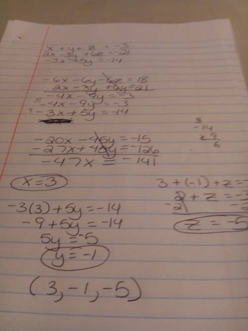 Solve the systems of equations below state your answer in the form( x, y,z)  x + y + z = -3 2x - 3y