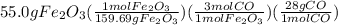 55.0gFe_2O_3(\frac{1molFe_2O_3}{159.69gFe_2O_3})(\frac{3molCO}{1molFe_2O_3})(\frac{28gCO}{1molCO})