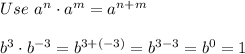 Use\ a^n\cdot a^m=a^{n+m}\\\\b^3\cdot b^{-3}=b^{3+(-3)}=b^{3-3}=b^0=1