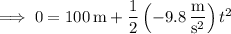 \implies0=100\,\mathrm m+\dfrac12\left(-9.8\,\dfrac{\mathrm m}{\mathrm s^2}\right)t^2
