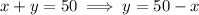 x+y=50\implies y=50-x