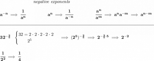 \bf ~\hspace{7em}\textit{negative exponents}&#10;\\\\&#10;a^{-n} \implies \cfrac{1}{a^n}&#10;~\hspace{4.5em}&#10;a^n\implies \cfrac{1}{a^{-n}}&#10;~\hspace{4.5em}&#10;\cfrac{a^n}{a^m}\implies a^na^{-m}\implies a^{n-m}&#10;\\\\[-0.35em]&#10;\rule{34em}{0.25pt}\\\\&#10;32^{-\frac{2}{5}}~~&#10;\begin{cases}&#10;32=2\cdot 2\cdot 2\cdot 2\cdot 2\\&#10;\qquad 2^5&#10;\end{cases}\implies (2^5)^{-\frac{2}{5}}\implies 2^{-\frac{2}{5}\cdot 5}\implies 2^{-2}&#10;\\\\\\&#10;\cfrac{1}{2^2}\implies \cfrac{1}{4}