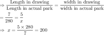 \Rightarrow\dfrac{\text{Length in drawing}}{\text{Length in actual park}}=\dfrac{\text{width in drawing}}{\text{width in actual park}}\\\\=\dfrac{7}{280}=\dfrac{5}{x}\\\\\Rightarrow\ x=\dfrac{5\times280}{7}=200