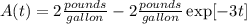 A(t)=2\frac{pounds}{gallon}-2\frac{pounds}{gallon} \exp[-3t]
