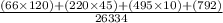 \frac{(66 \times 120)+(220 \times 45)+(495 \times 10)+(792)}{26334}