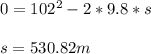 0 = 102^2-2*9.8*s\\ \\ s = 530.82 m