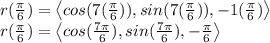 r(\frac{\pi}{6})=\left \langle cos(7(\frac{\pi}{6})),sin(7(\frac{\pi}{6})),-1(\frac{\pi}{6}) \right \rangle\\r(\frac{\pi}{6})=\left \langle cos(\frac{7\pi}{6}),sin(\frac{7\pi}{6}),-\frac{\pi}{6} \right \rangle\\