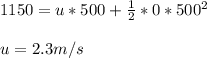 1150 = u*500+\frac{1}{2} *0*500^2\\ \\ u = 2.3 m/s