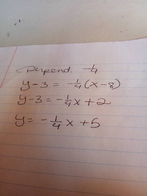 What is the equation of a line that is perpendicular to y= 4x + 5 qnd oasses through the point (8,3)