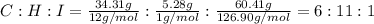 C:H:I=\frac{34.31 g}{12 g/mol}:\frac{5.28 g}{1 g/mol}:\frac{60.41 g}{126.90 g/mol}=6:11:1