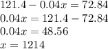 121.4-0.04x=72.84\\0.04x=121.4-72.84\\0.04x=48.56\\x=1214