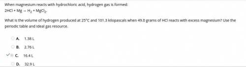 When magnesium reacts with hydrochloric acid, hydrogen gas is formed:  2hcl + mg → h2 + mgcl2. what