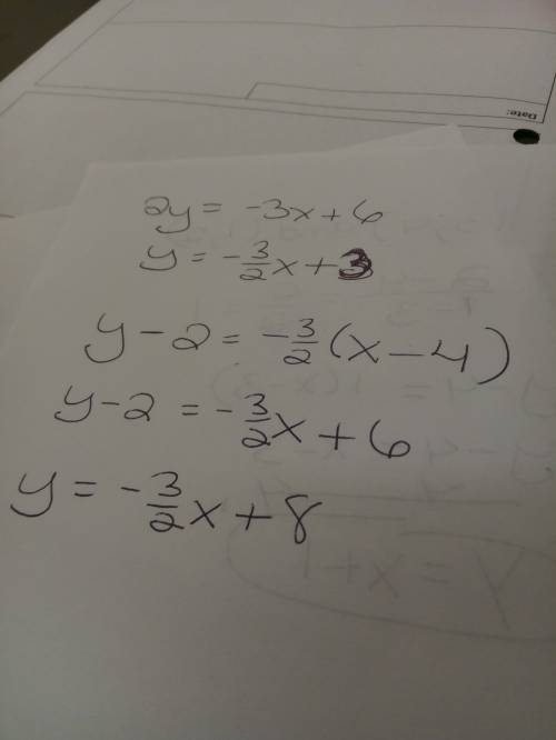 Write an equation of a line that is parallel to 3x+2y=6 that passes through the points (4,2)