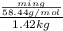 \frac{\frac{m in g}{58.44 g/mol}}{1.42 kg}