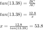 tan(13.38)=\frac{BC}{AC}\\ \\ tan(13.38)= \frac{12.8}{x} \\ \\ x= \frac{12.8}{tan(13.38)}=53.8