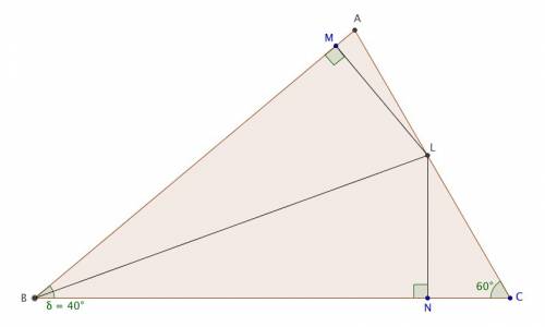 In △abc, m∠abc=40°,  bl (l∈ ac ) is the angle bisector of ∠b. point m∈ ab so that  lm ⊥ ab and n∈ bc