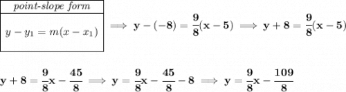 \bf \begin{array}{|c|ll}&#10;\cline{1-1}&#10;\textit{point-slope form}\\&#10;\cline{1-1}&#10;\\&#10;y-y_1=m(x-x_1)&#10;\\\\&#10;\cline{1-1}&#10;\end{array}\implies y-(-8)=\cfrac{9}{8}(x-5)\implies y+8=\cfrac{9}{8}(x-5)&#10;\\\\\\&#10;y+8=\cfrac{9}{8}x-\cfrac{45}{8}\implies y=\cfrac{9}{8}x-\cfrac{45}{8}-8\implies y=\cfrac{9}{8}x-\cfrac{109}{8}