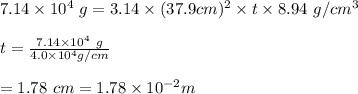 7.14 \times 10^4 \ g = 3.14 \times (37 .9 cm)^2 \times  t \times 8.94 \ g/ cm^3 \\\\ t = \frac{7.14 \times 10^4 \ g}{ 4.0 \times 10^4 g / cm} \\\\\ = 1.78 \ cm = 1.78 \times 10^{-2} m