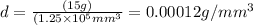 d=\frac{(15 g)}{(1.25\times 10^{5} mm^{3} } =0.00012 g/mm^{3}