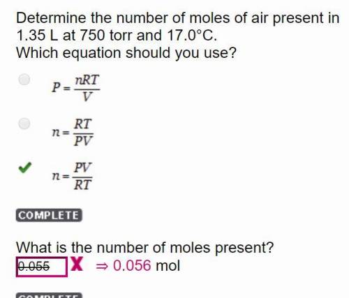 Determine the number of moles of air present in 1.35 l at 750 torr and 17.0°c.  which equation shoul
