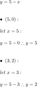 y=5-x \\ \\ \\ \bullet \ (5,0): \\ \\ let \ x=5: \\ \\ y=5-0 \therefore y=5 \\ \\ \\ \bullet \ (3,2): \\ \\ let \ x=3: \\ \\ y=5-3 \therefore y=2