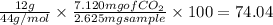 \frac{12 g}{44 g/mol}\times \frac{7.120 mg of CO_2}{2.625 mg sample}\times 100 = 74.04