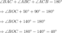 \angle{BAC}+\angle{ABC}+\angle{ACB}=180^{\circ}\\\\\Rightarrow\angle{BOC}+50^{\circ}+90^{\circ}=180^{\circ}\\\\\Rightarrow\angle{BOC}+140^{\circ}=180^{\circ}\\\\\Rightarrow\angle{BOC}=180^{\circ}-140^{\circ}=40^{\circ}
