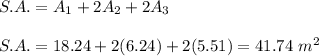 S.A.=A_1+2A_2+2A_3\\\\S.A.=18.24+2(6.24)+2(5.51)=41.74\ m^2