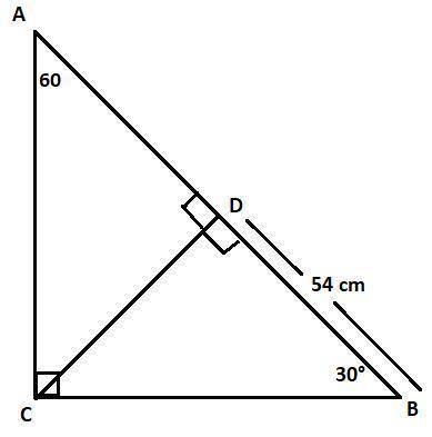 In the right △abc, cd is the altitude to the hypotenuse ab and m∠abc=30°. find ad, if bd=54 cm.